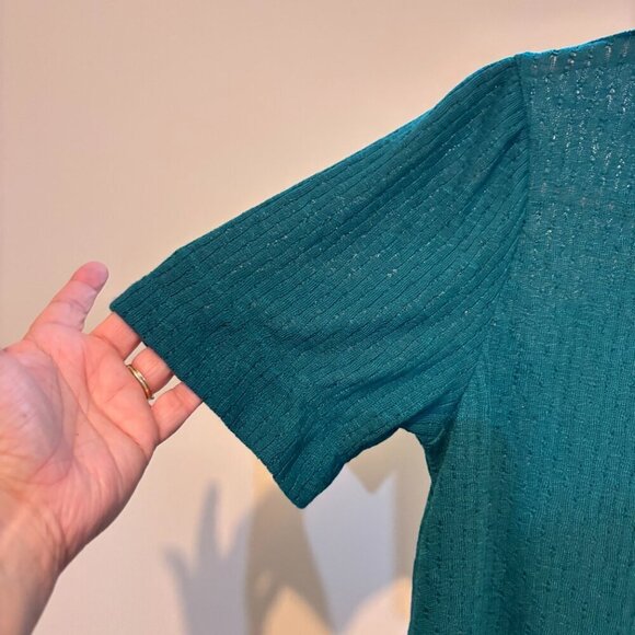 J. Crew Green Pointelle Short Sleeve Ruffle Neck Top - Picture 6 of 12